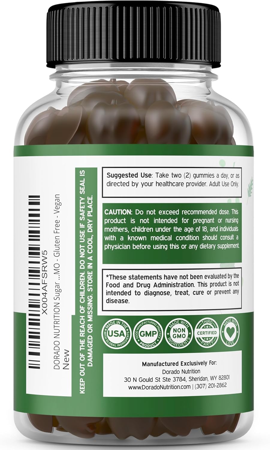 Back label of Dorado Nutrition gummies with Made in USA certification