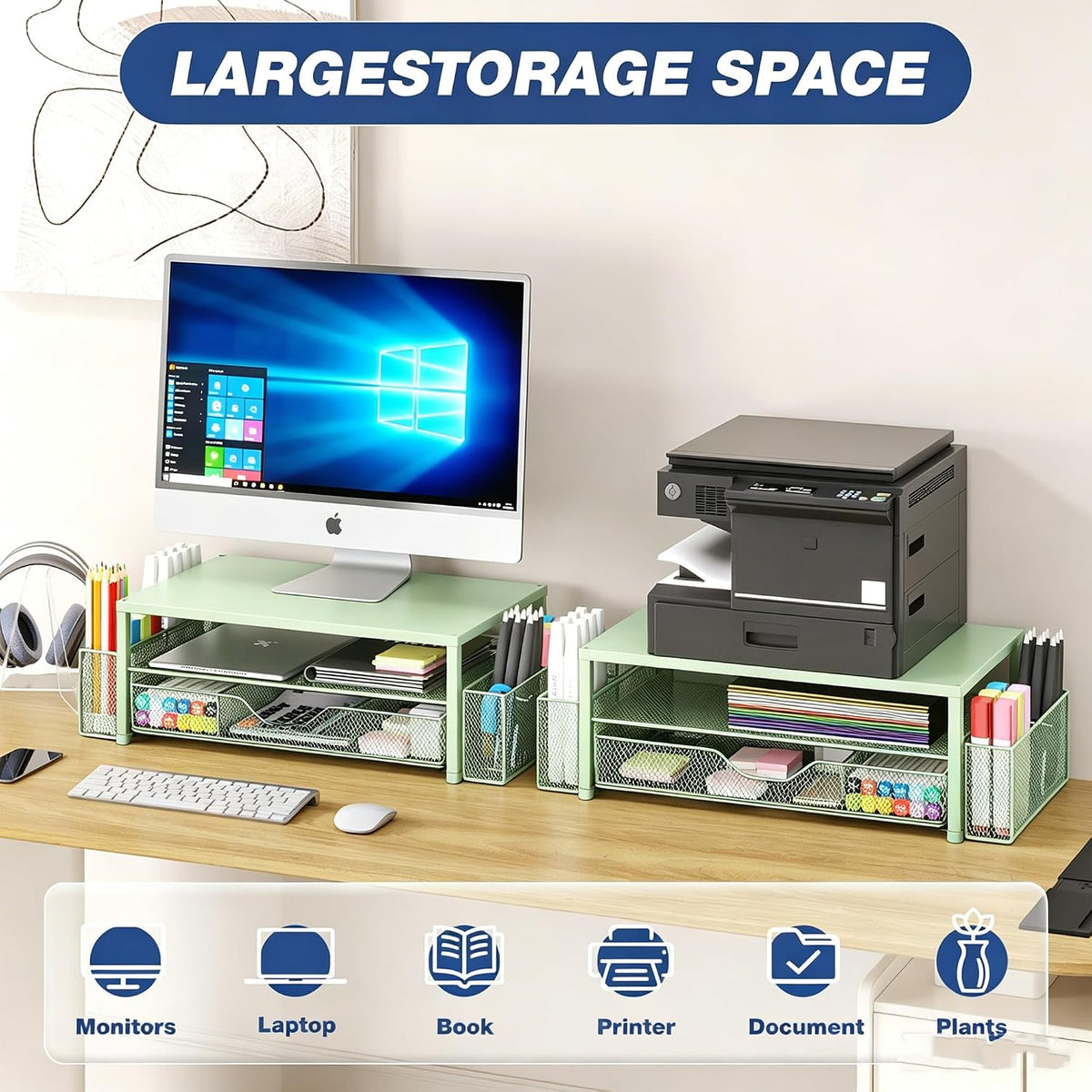 OPNICE 2-tier desktop storage shelf viewed from a side angle