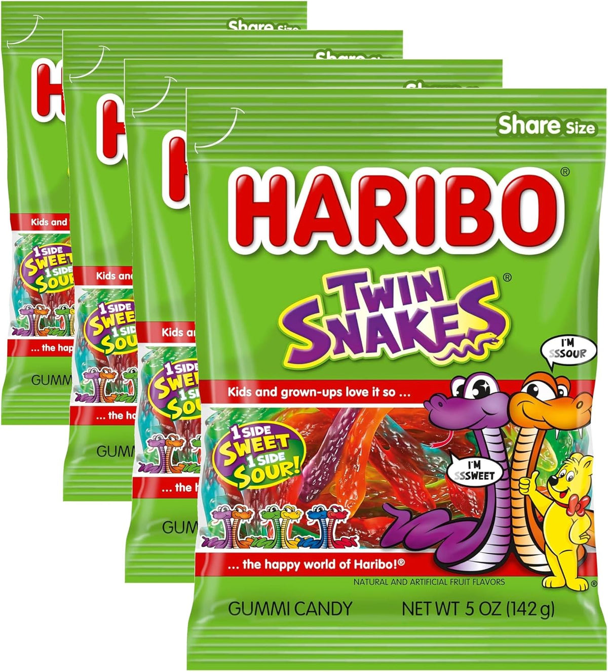 Red and green cherry shaped gummy treats from Haribo close up view.