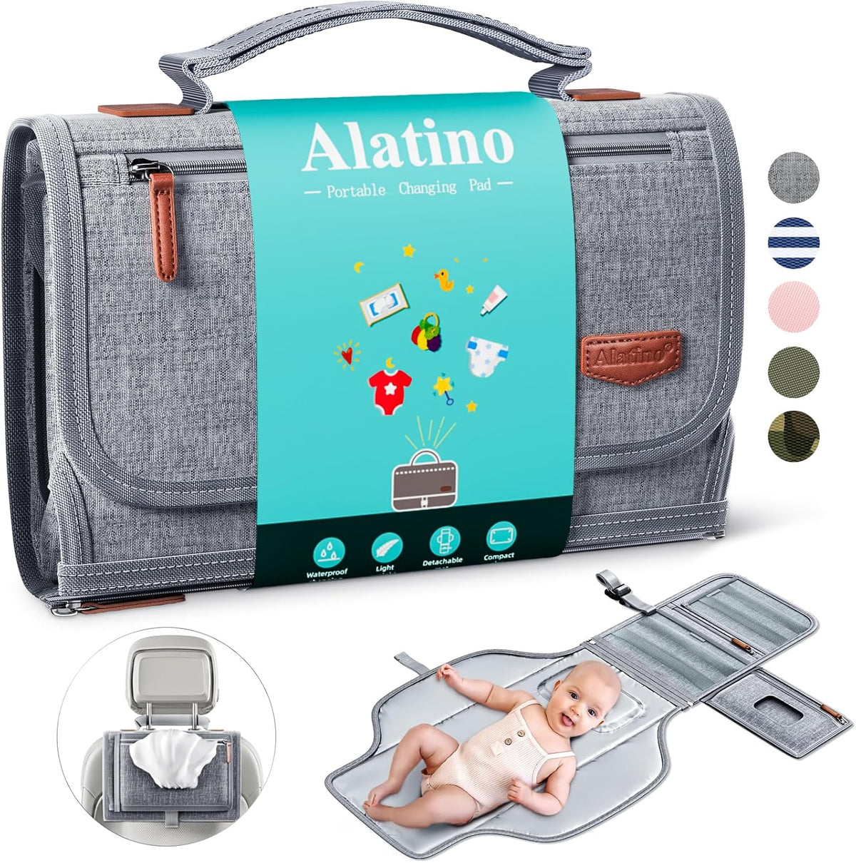 Alatino portable diaper changing pad in grey front view