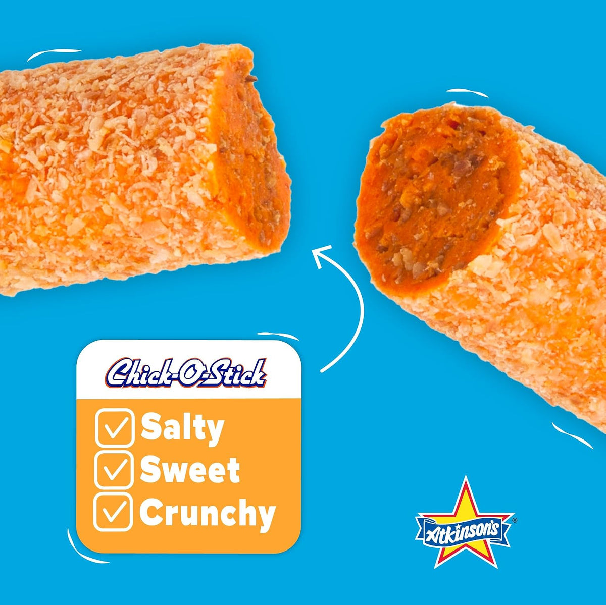 Side angle of Atkinson Chick O Stick bulk package highlighting gluten free and vegan labels