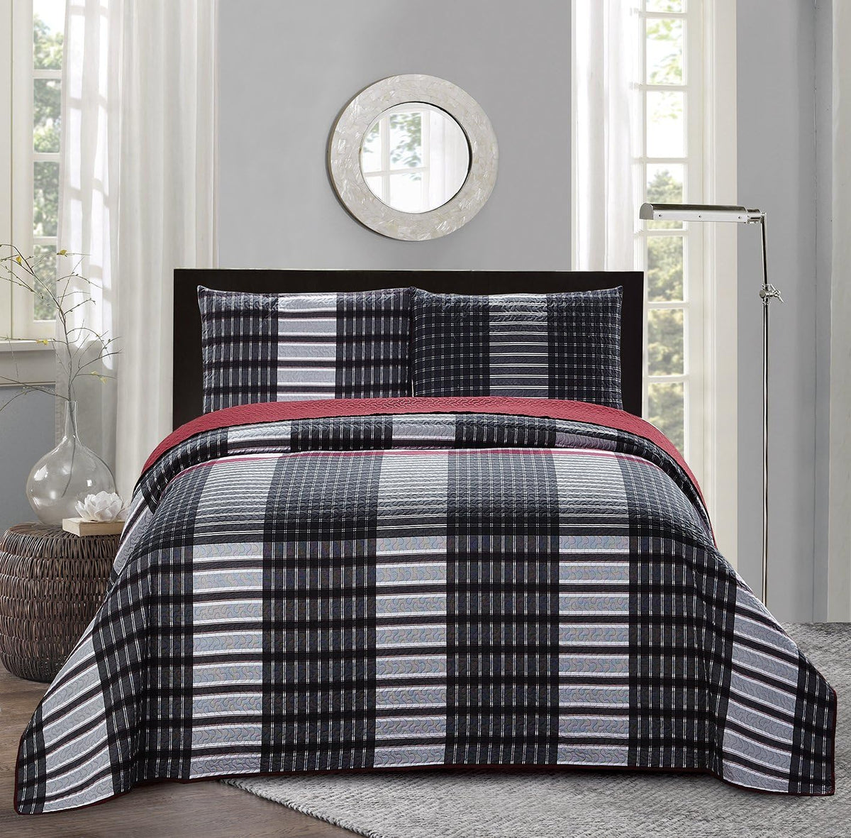 All American Collection plaid printed reversible bedspread front view quilt set