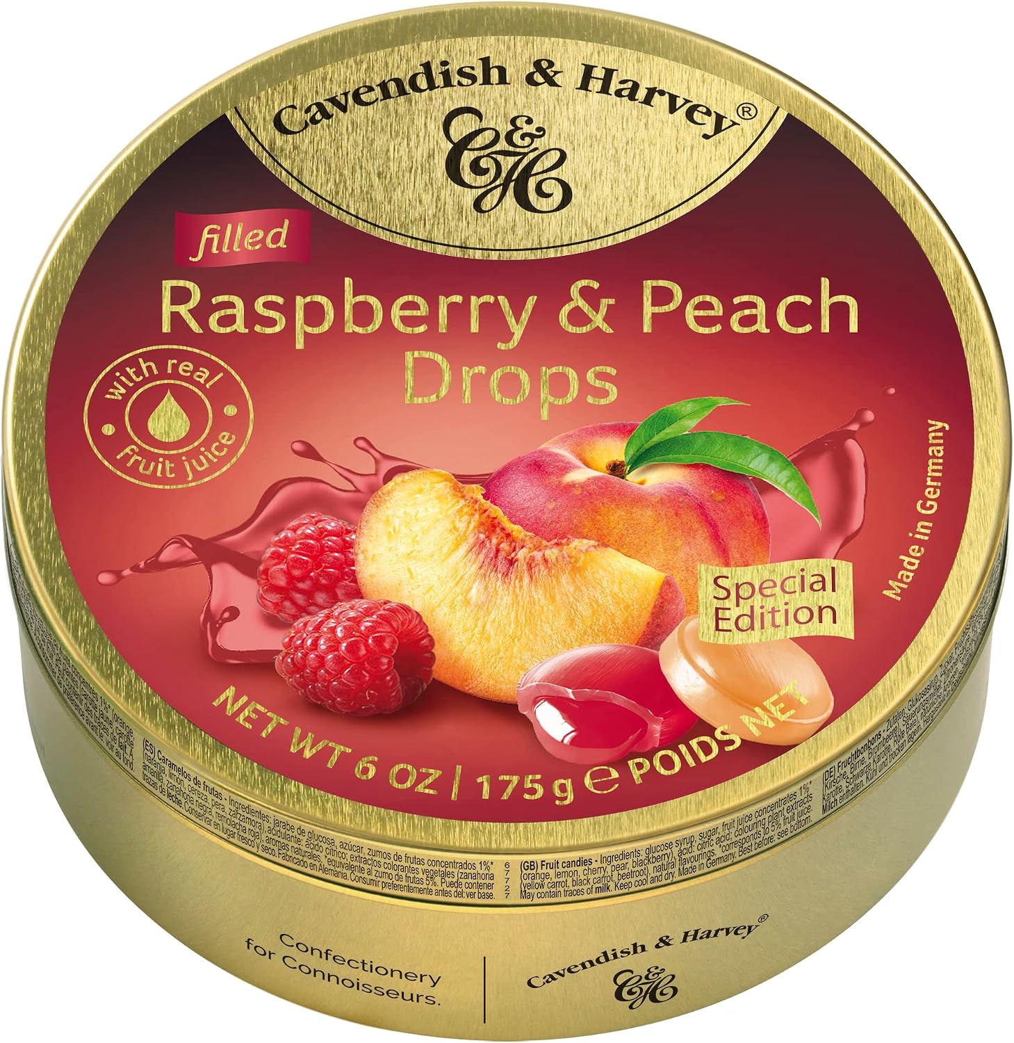 Cavendish and Harvey Raspberry and Peach hard candy drops tin front view