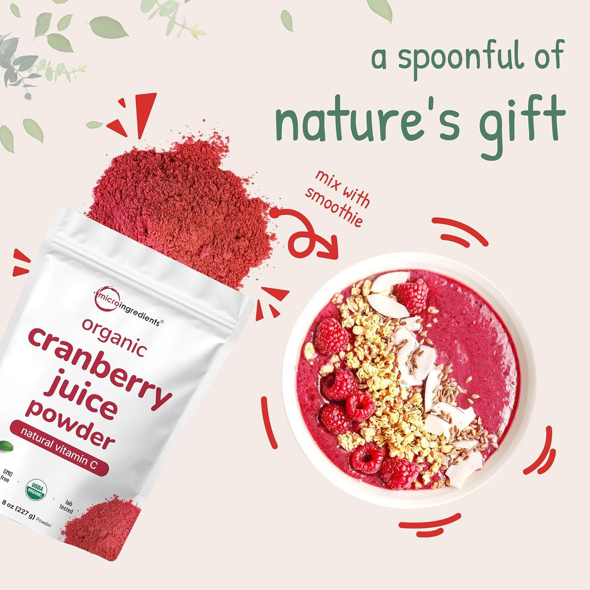 USDA organic and non GMO certification seals on cranberry powder package