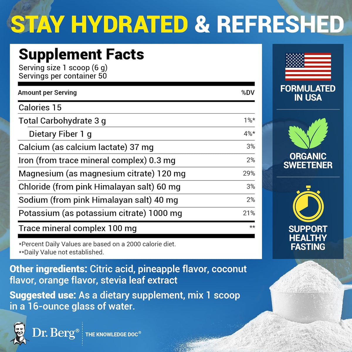 Dr Berg electrolyte powder nutritional facts showing one thousand milligrams of potassium.