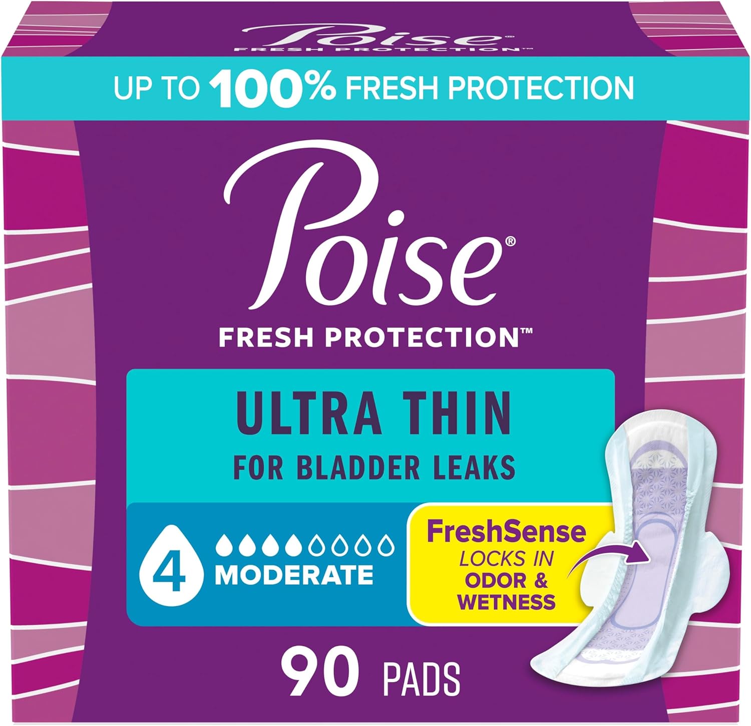 Poise Ultra Thin Incontinence and Postpartum Pads front view package showing moderate absorbency level four drop rating