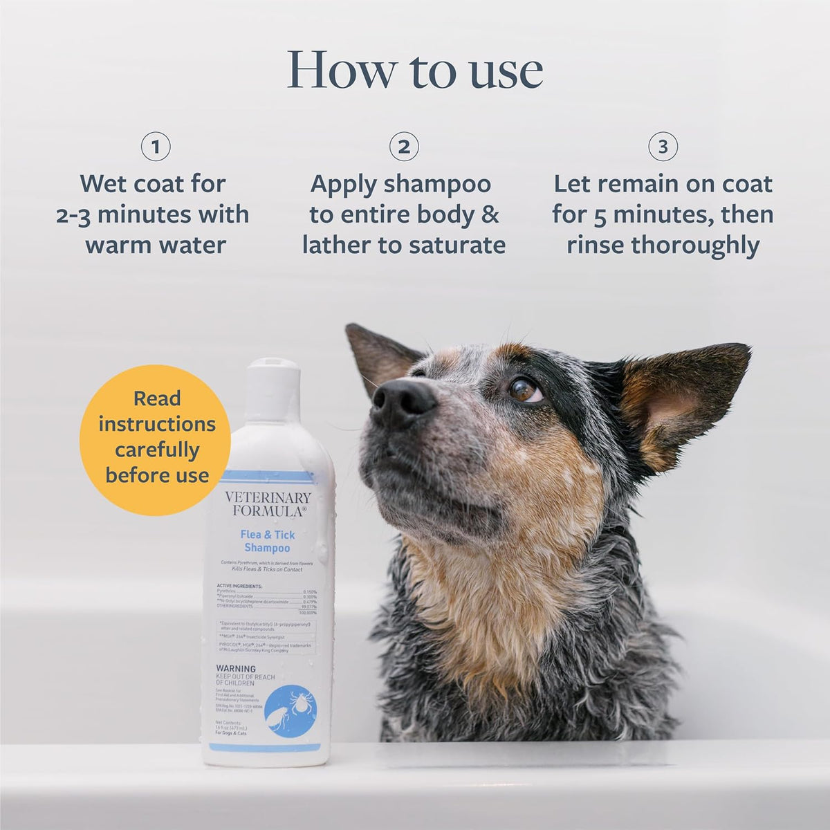 Close up of Veterinary Formula Flea and Tick shampoo label