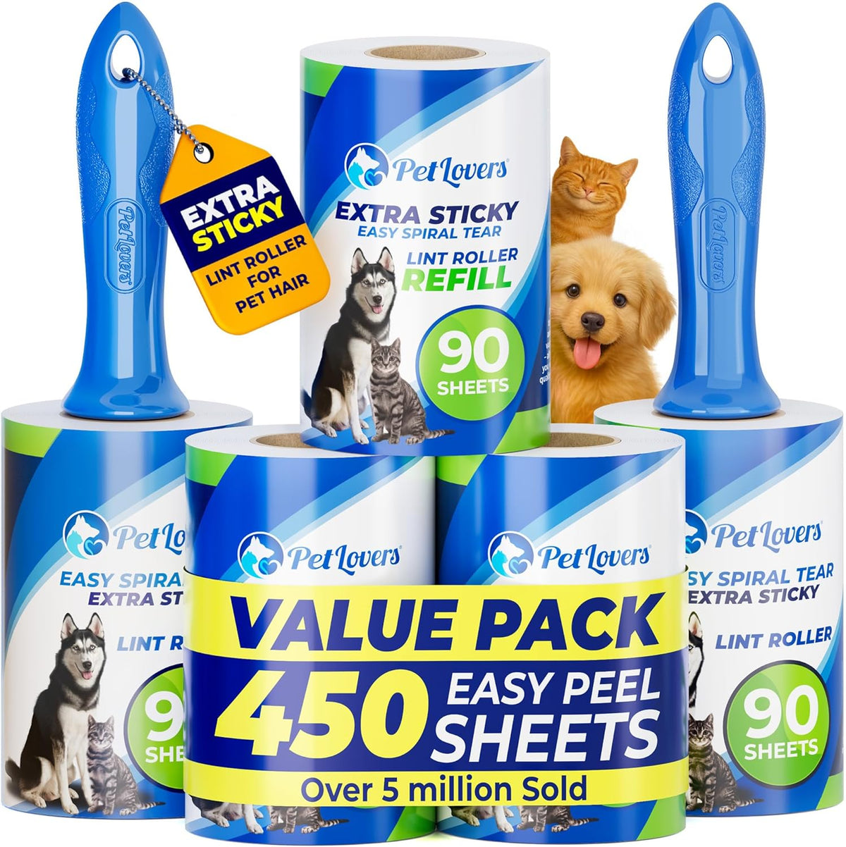 PetLovers Extra Sticky Lint Roller front view mega value pack for pet hair removal.