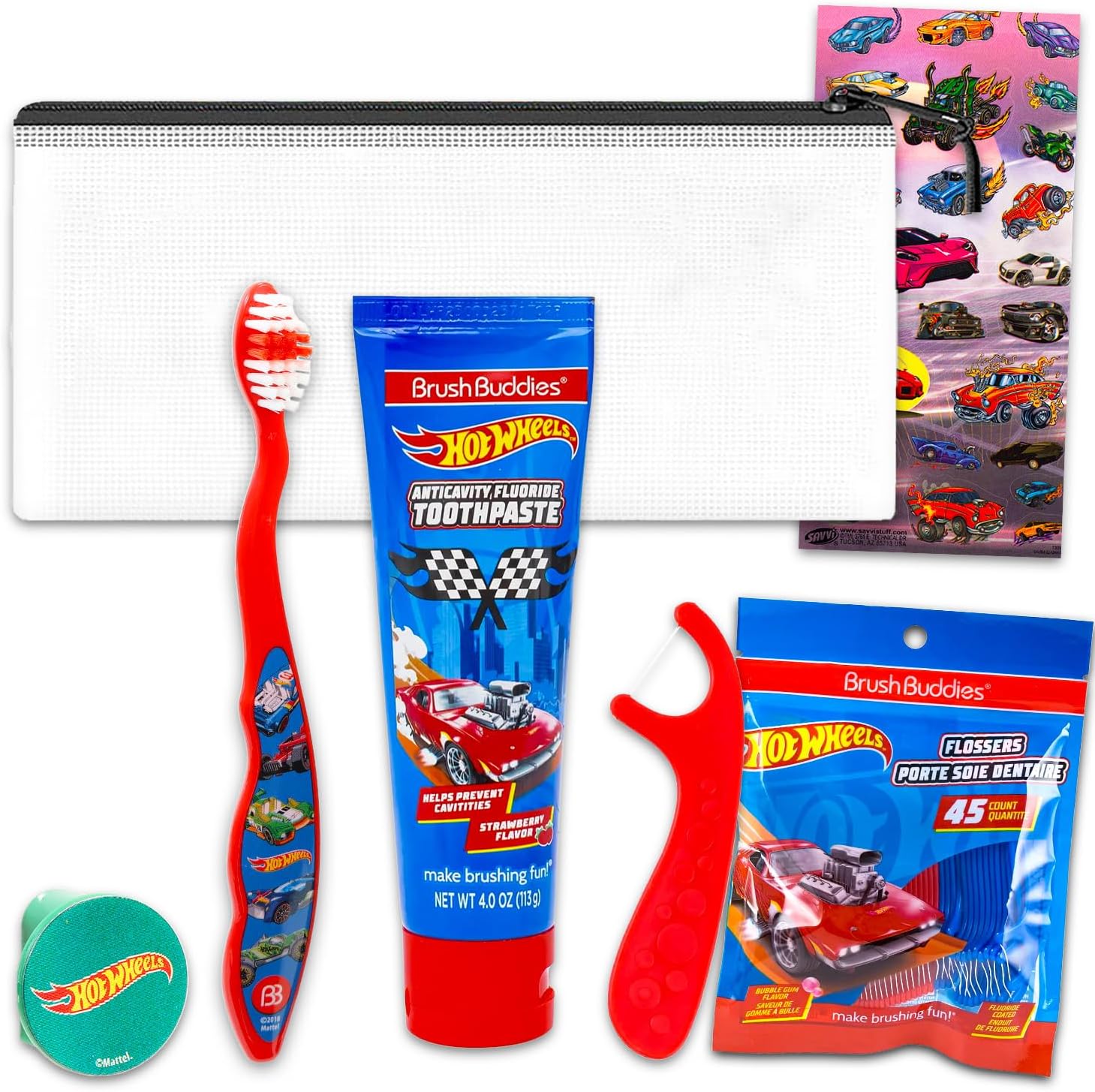 Hot Wheels Kids Oral Care Travel Kit front view featuring toothbrush toothpaste and travel bag.