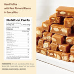Individually wrapped pieces of Tiny Poke hard caramel candy with real almond bits displayed on a table.