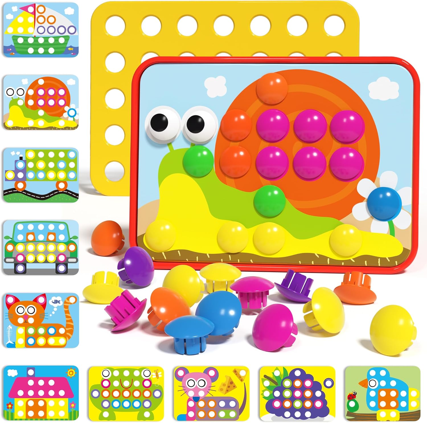 AMOSTING button art toy educational color matching mosaic pegboard front view showing colorful mushroom nails