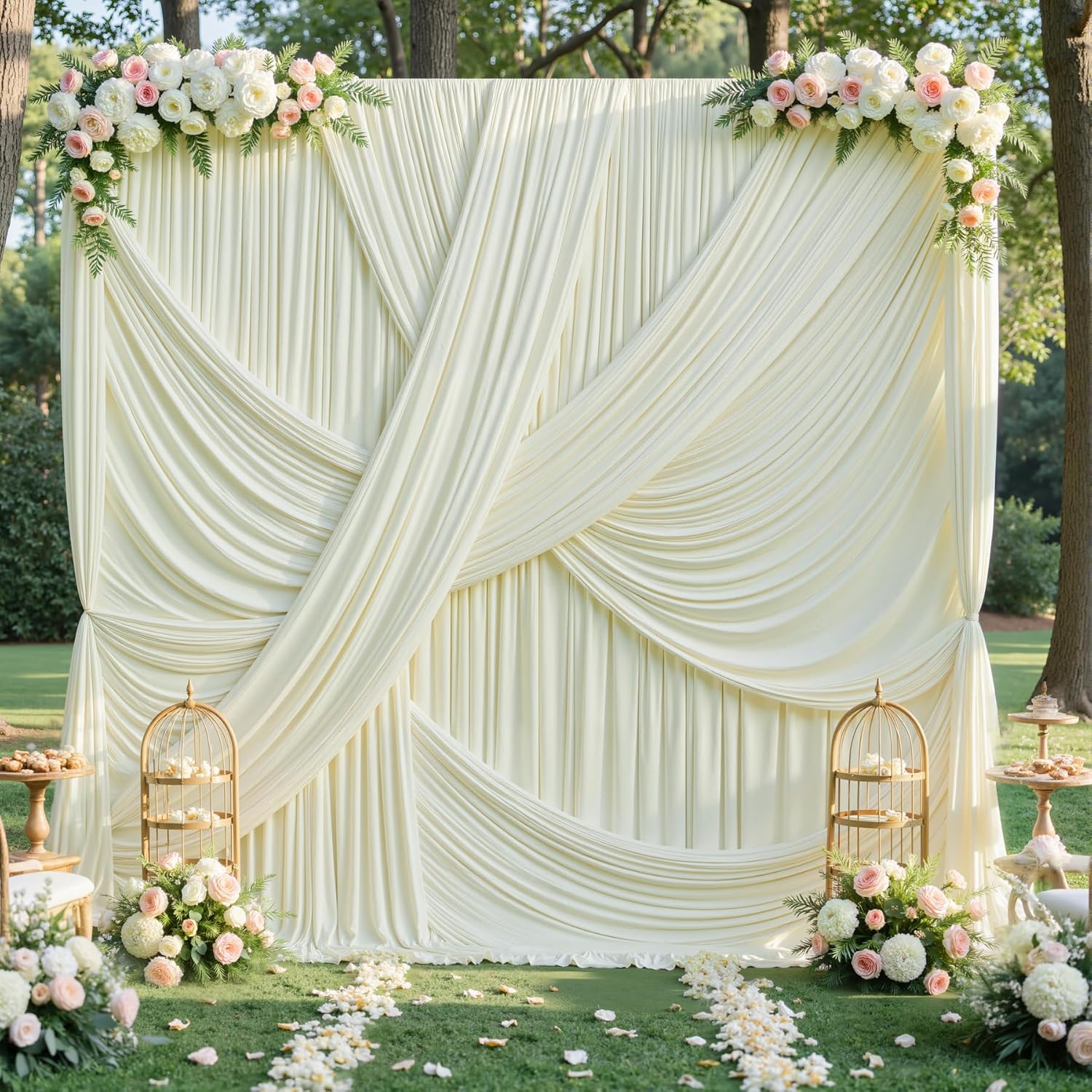 Party Village Ivory Backdrop Curtain front view showing two elegant panels draping smoothly on an event stage