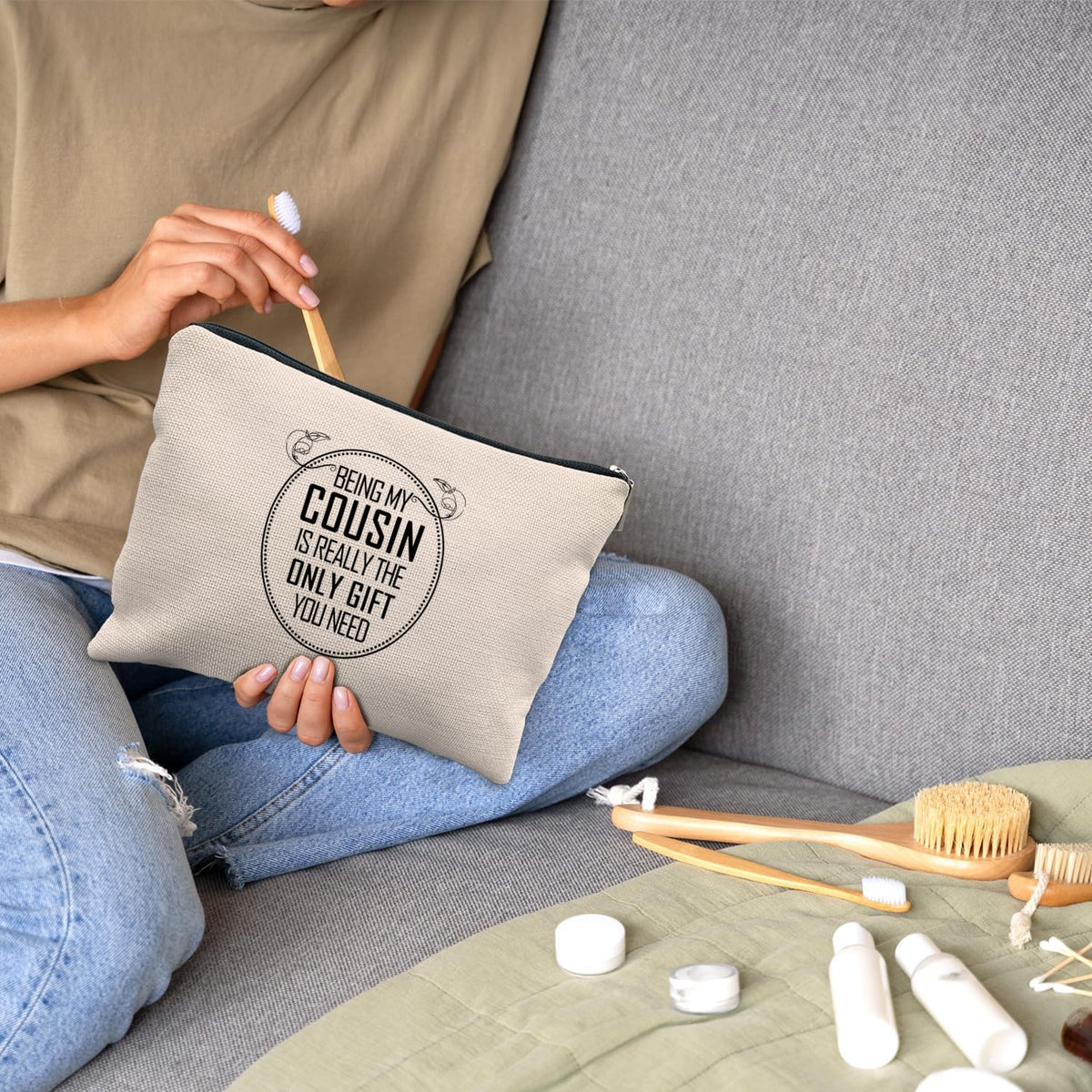 Nogrit cousin gift pouch displayed inside a handbag