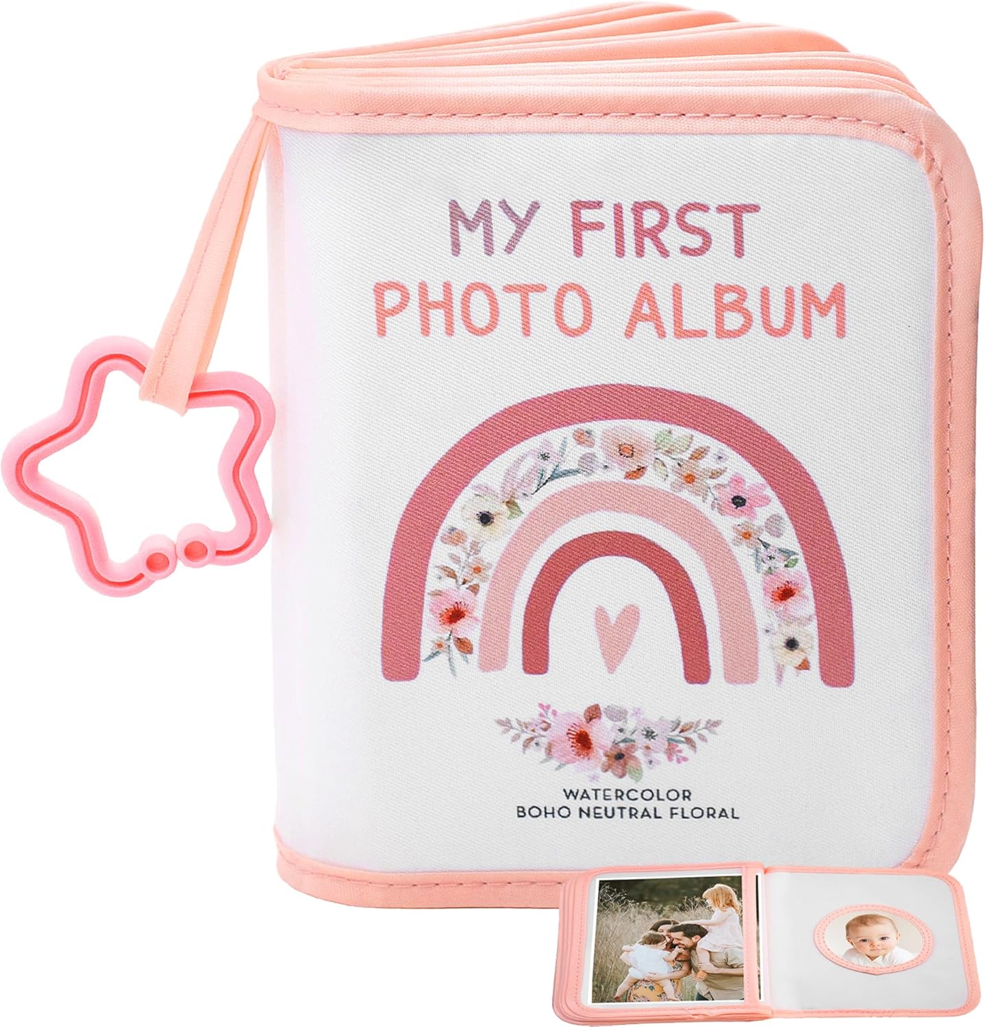Les Déglingos boho rainbow baby photo album front view showcasing watercolor floral design.