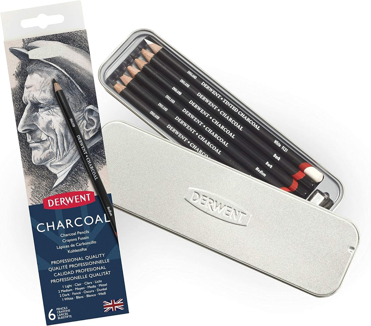 Derwent charcoal pencils front view in metal tin