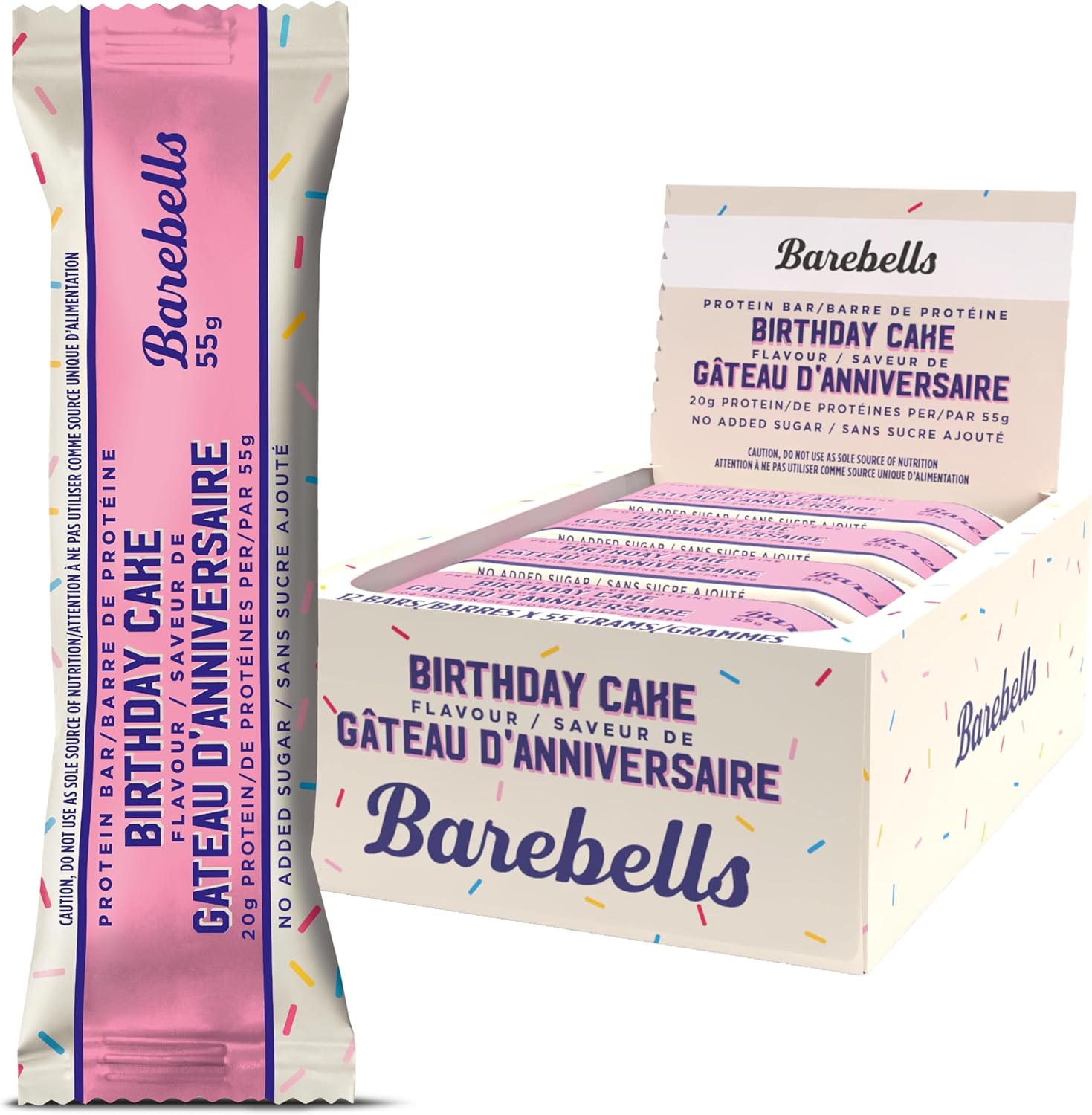 Barebells Birthday Cake Protein Bar pack of twelve front view showing the packaging