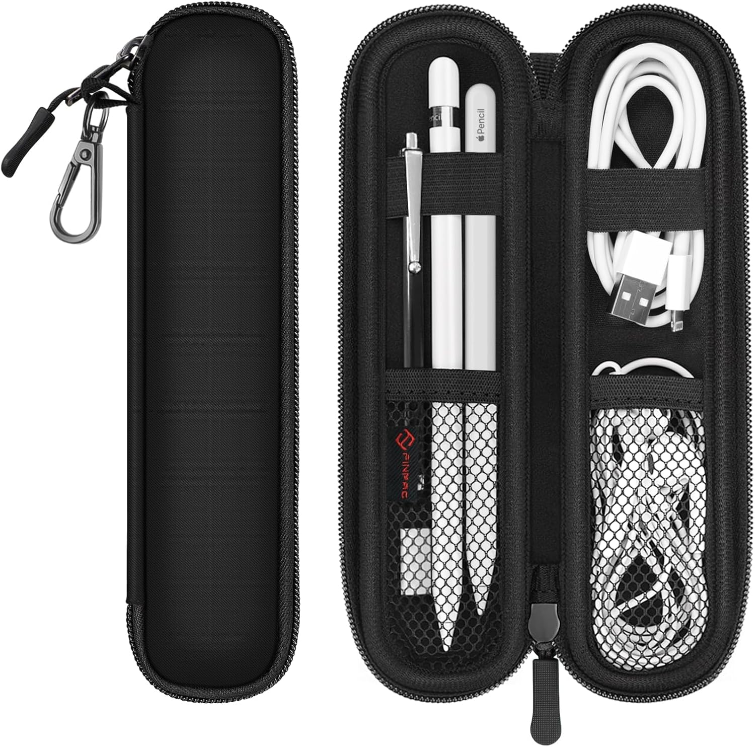 Fintie pen holder case for Apple Pencil Pro front view showing premium black neoprene texture