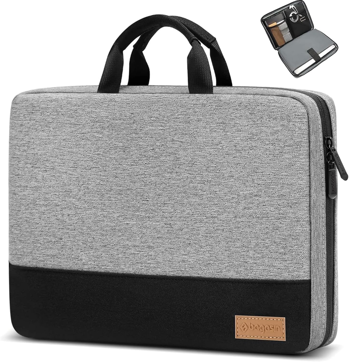 Bagasin laptop sleeve case front view in gray and black colors showing premium water resistant material.