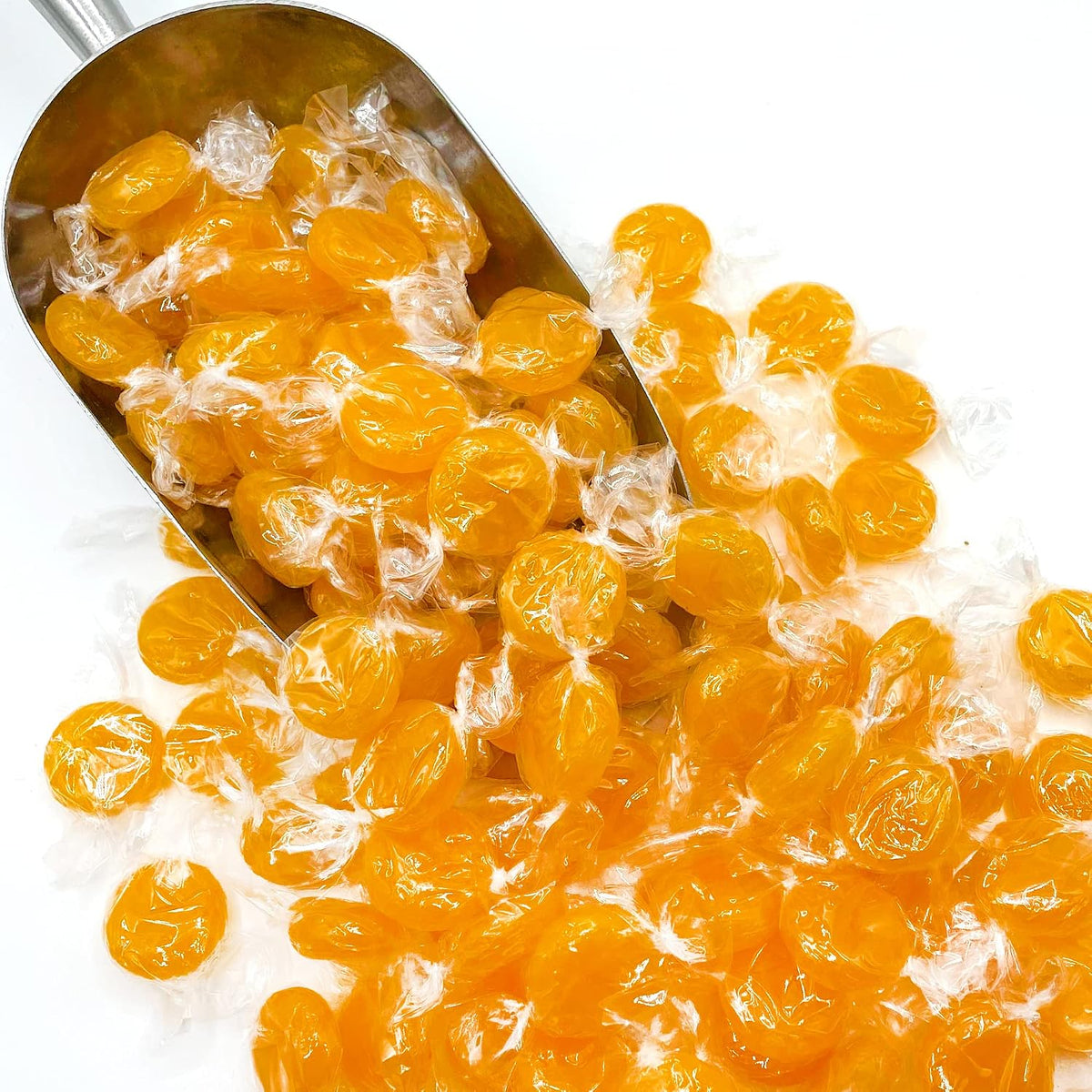 Top view of open bag of butterscotch hard candy