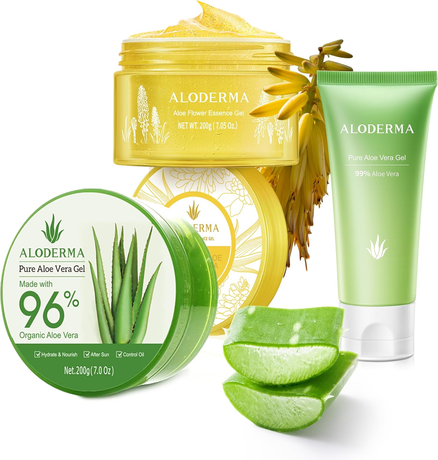 Aloderma brand 3 pack aloe vera gel set with 200g tube and travel size