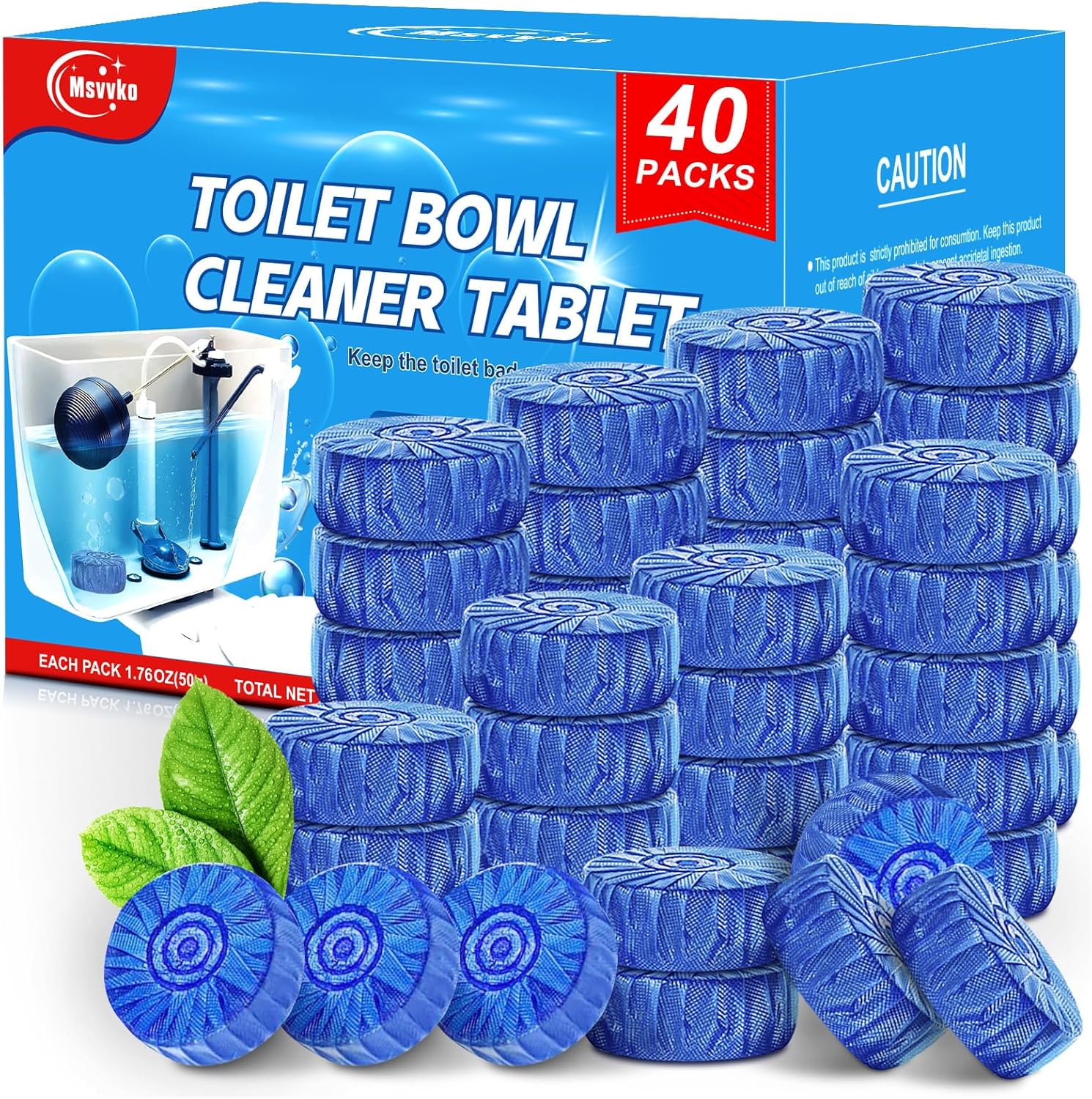 Toilet Bowl Cleaner Tablets 40 Pcs, Septic Safe Automatic Toilet Tank Cleaner with Sustained-Release Technology, Powerful Long-Lasting Blue Tabs for Bathroom Stain Remover & Deodorizer - Image 1