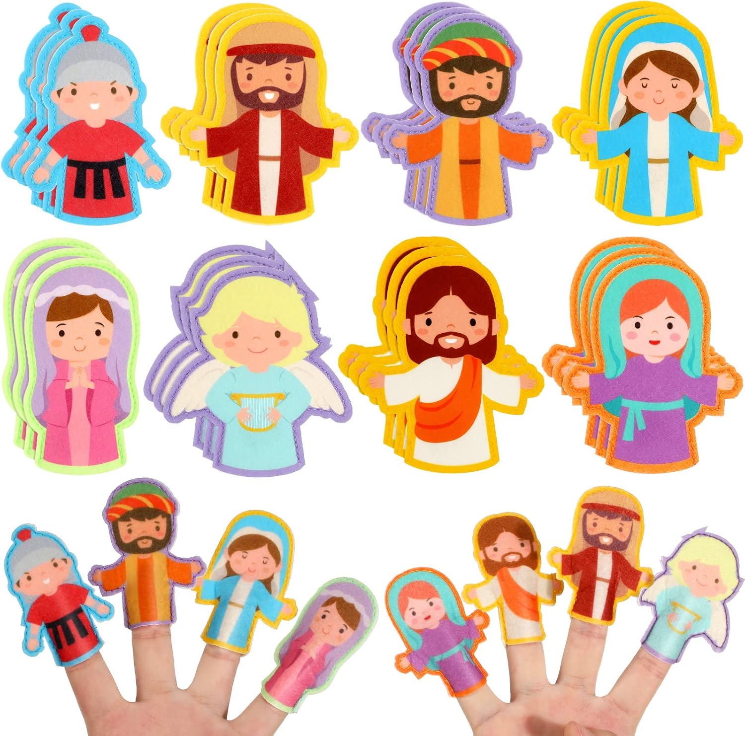 Karenhi 24 Piece Religious Finger Puppets front view of felt Bible characters