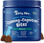 Zesty Paws Senior Advanced Calming and Cognition soft chews front view dog brain health supplement.