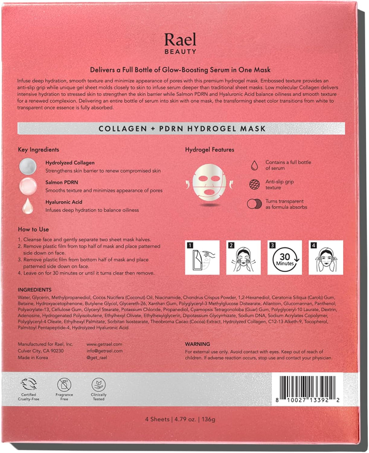 Rael Face Mask - Deep Hydration & Moisturizing Sheet Masks, Daily Skincare, Advanced PM Routine for Glowing Skin, Korean Skin Care (Collagen Salmon PDRN, 4 Count) - Image 9