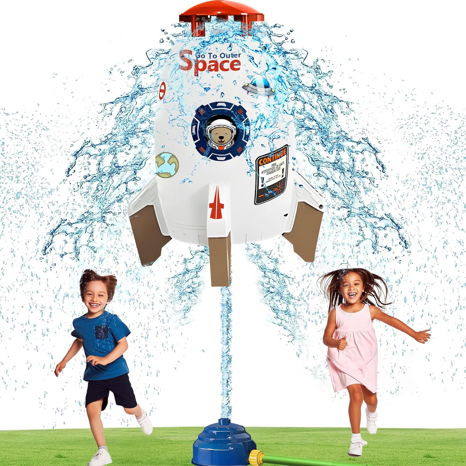 TANSAR water rocket sprinkler white front view layout on green grass lawn