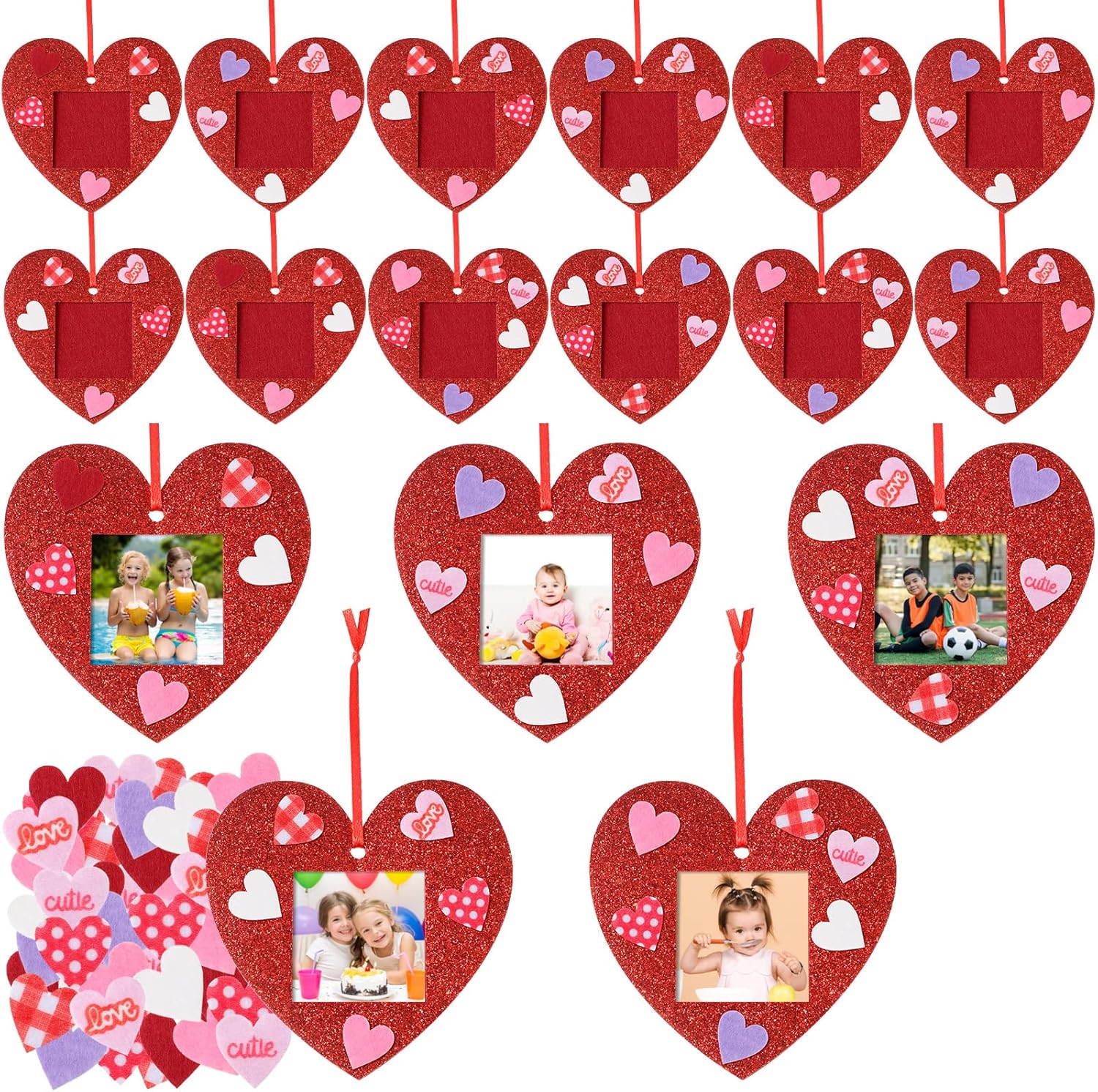 Panelee Valentine heart felt photo frame craft kit front view displaying assembled red glitter ornaments.