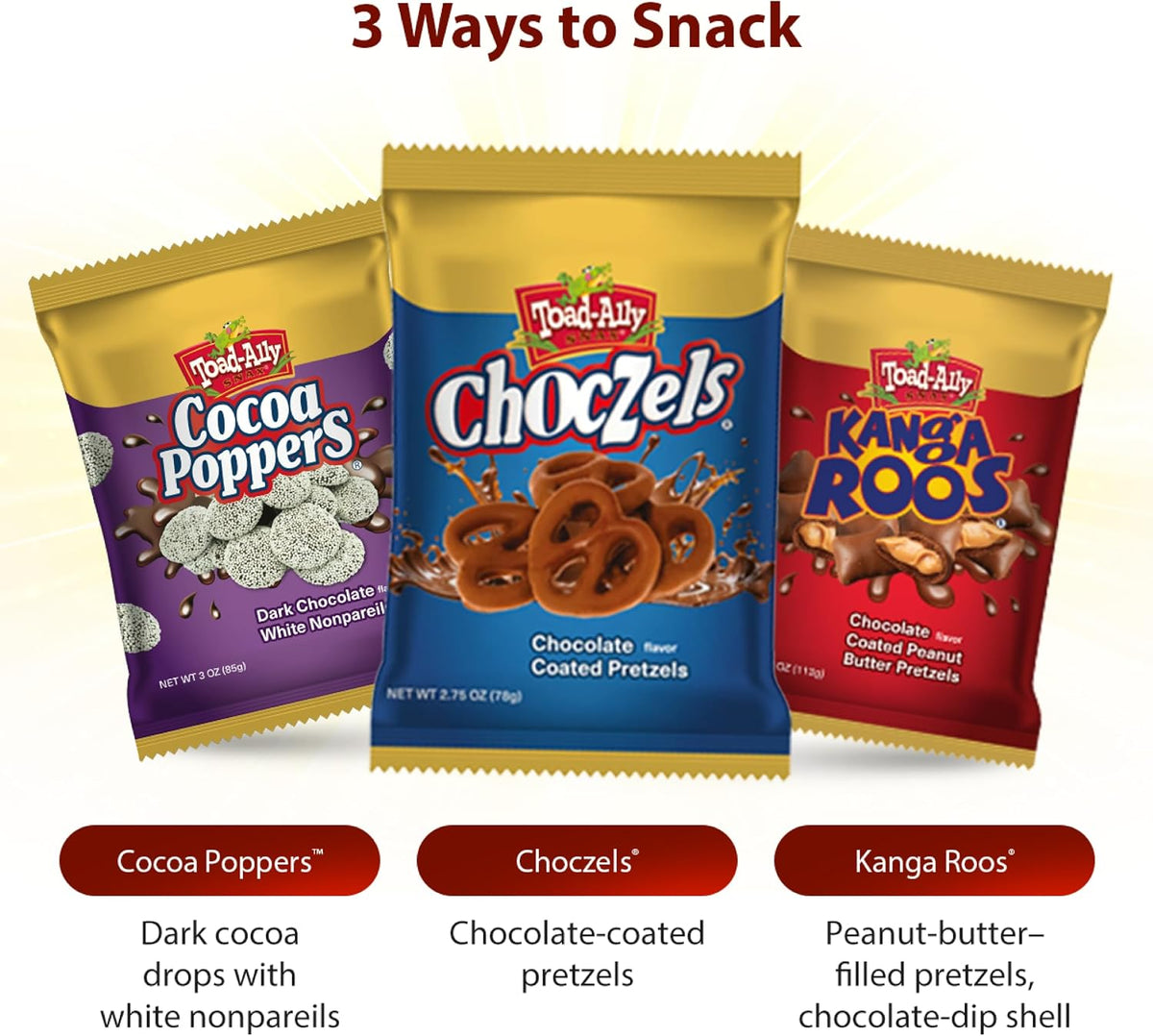 Grab and go snacks Toad-Ally Choczels arranged for display