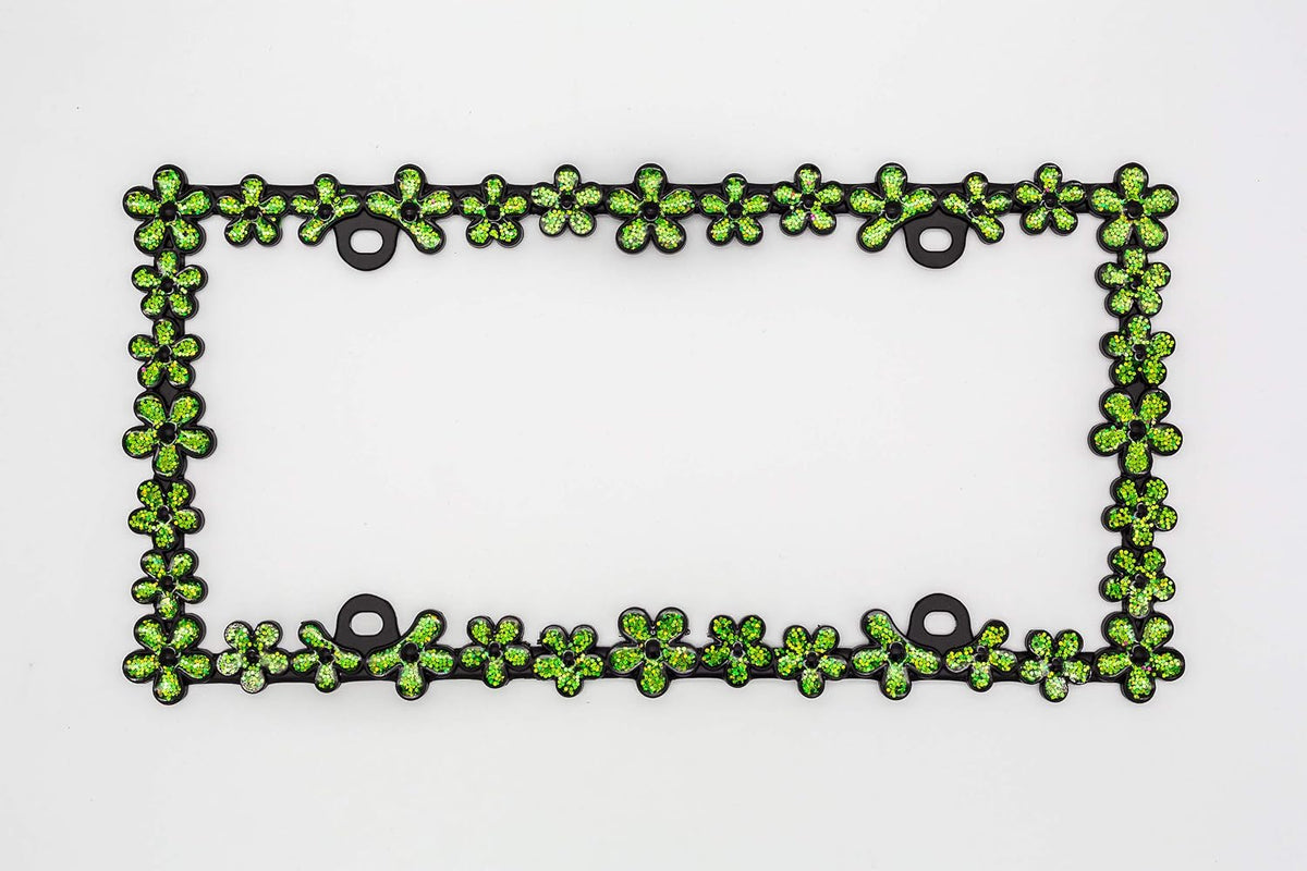 Creathome green glitter daisy car plate frame close up detail