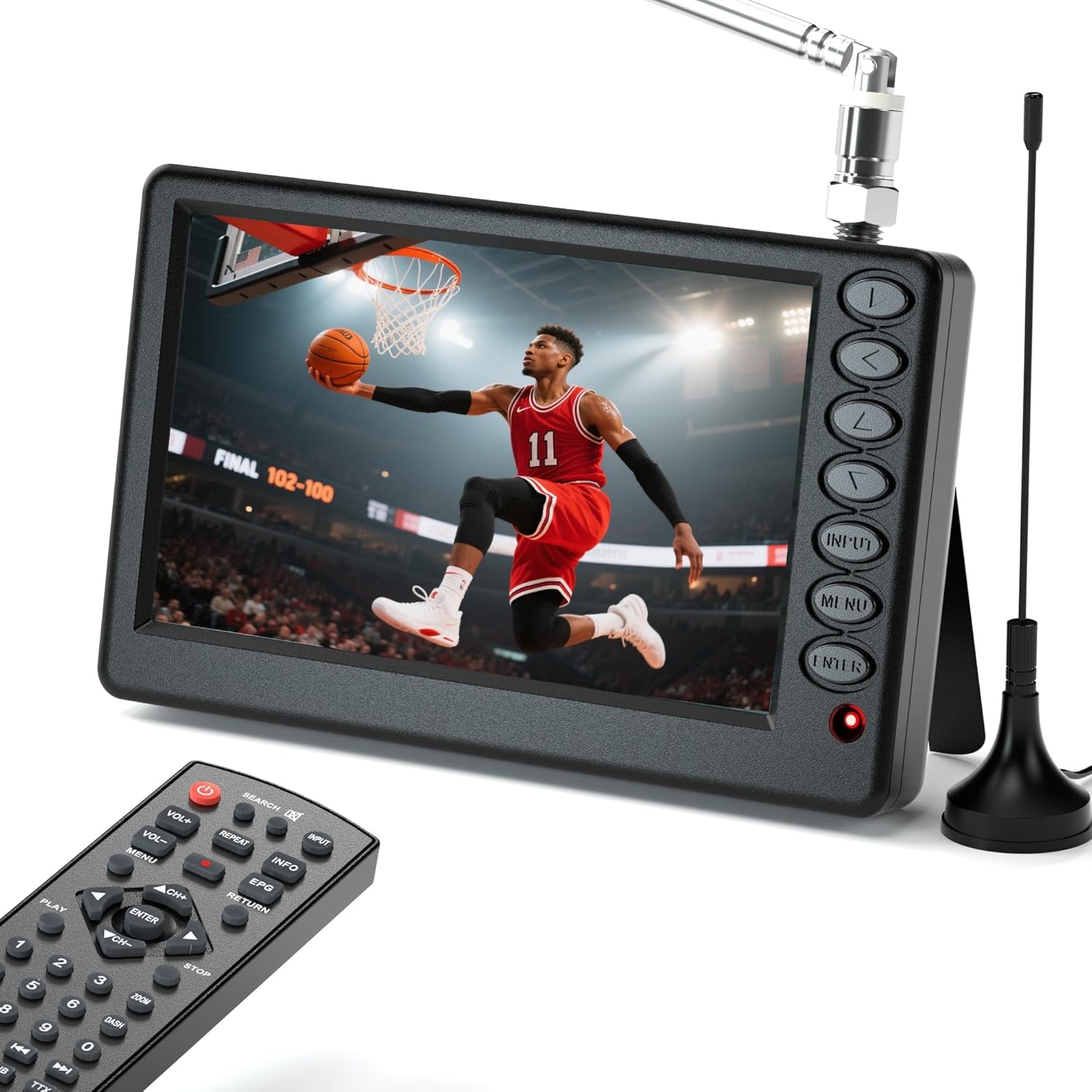 VQP 5 inch portable mini TV front view displaying clear setup screen