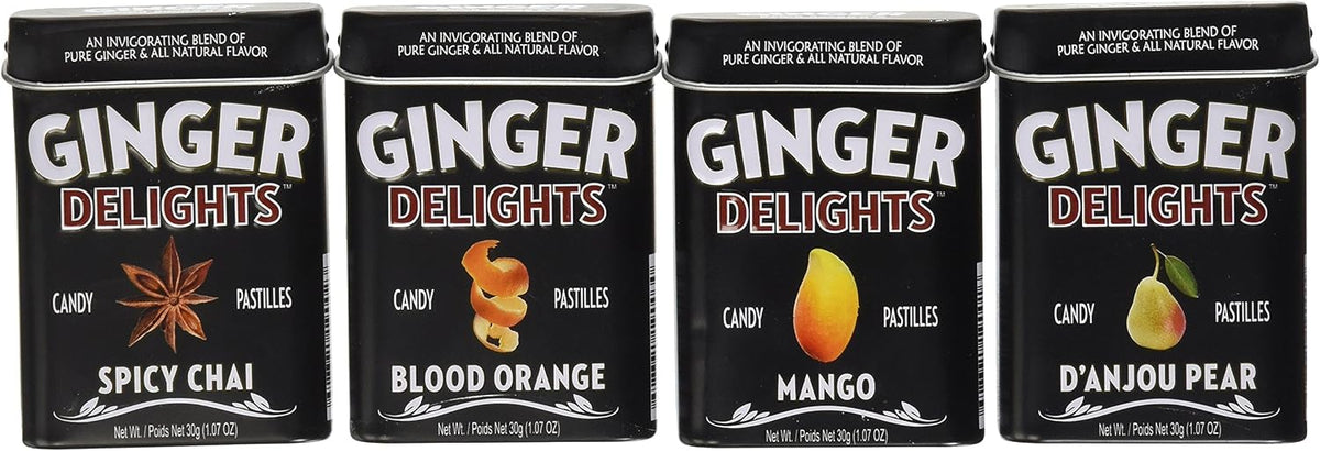 Ginger Delights variety pack showing authentic real ground ginger root candies.