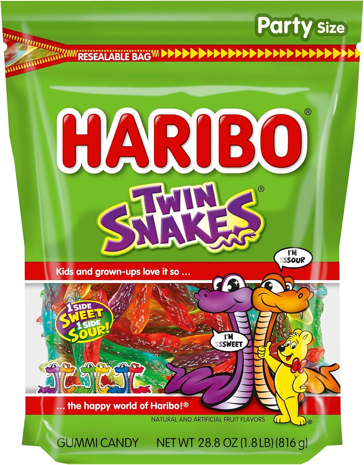 Assorted colorful Haribo Goldbears gummies spilled neatly next to the resealable packaging.