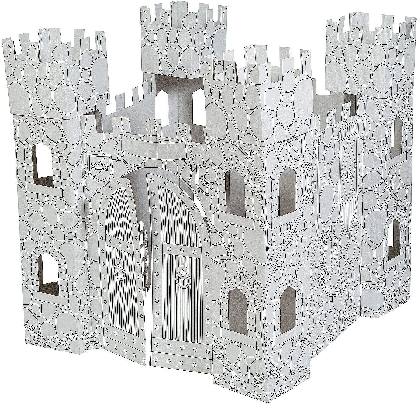 Fun Express Cardboard Castle Playhouse front view showing pre-printed stone walls and open door.