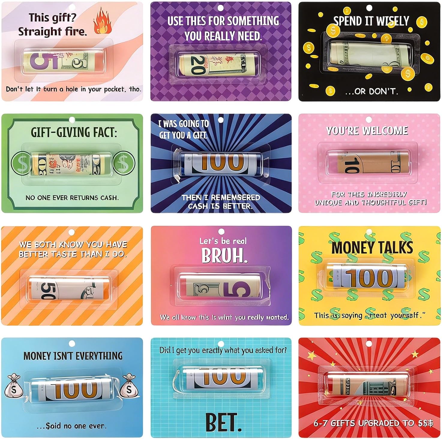 Tinlade 12 Pcs Funny Cash Gift Cards Money Holder Ornaments for Gifting Cash Checks Variety Fund Designs with Plastic Cover and Adhesive Birthday Holiday Gag Gifts for Men Women(Phrases Collage Style) - Image 1