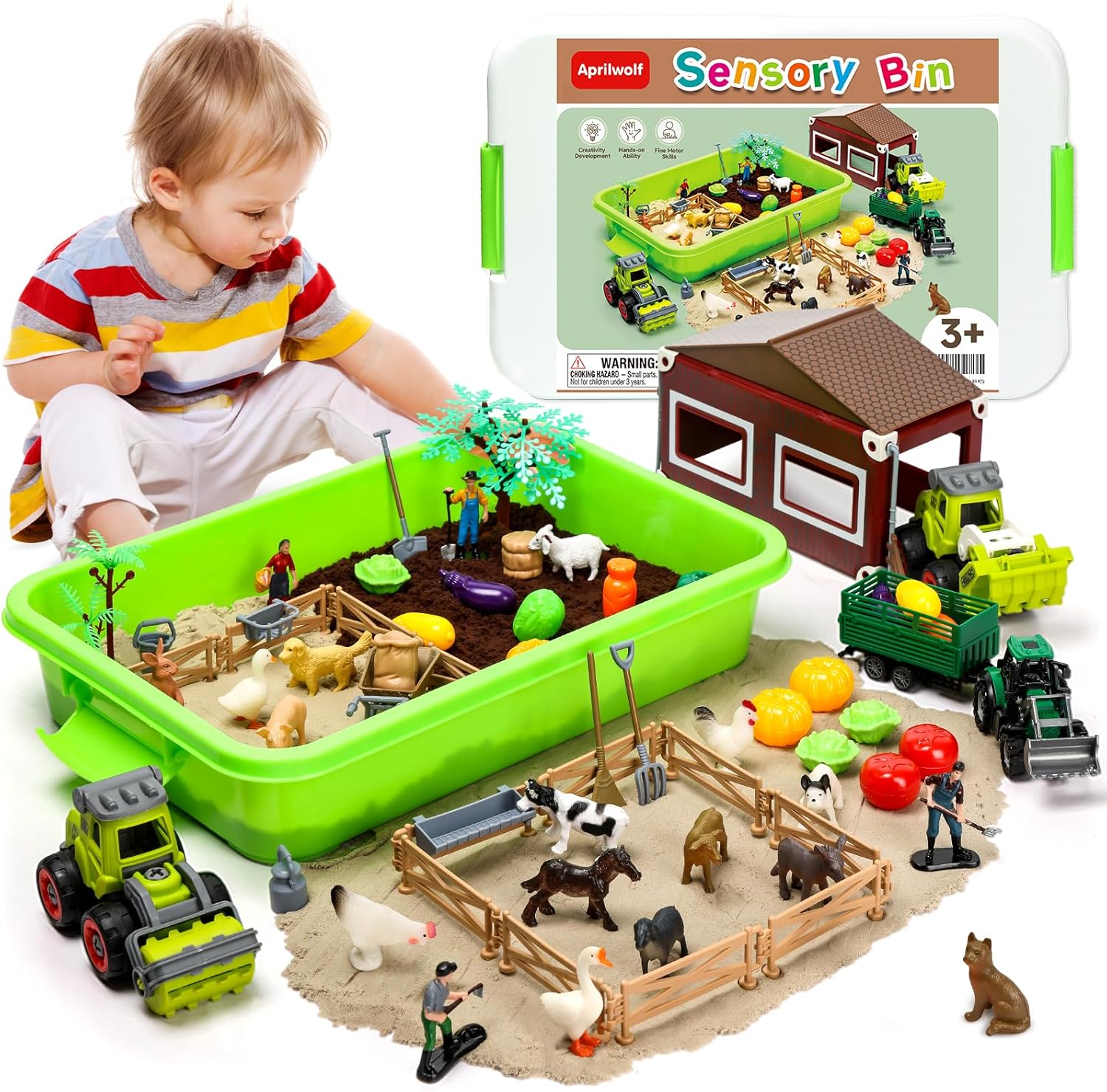 Aprilwolf 69 piece farm sensory bin playset front view