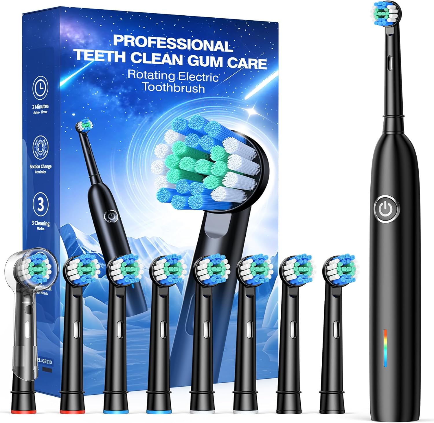 Teeaegis rotating electric toothbrush front view showing handle and premium charging indicator.