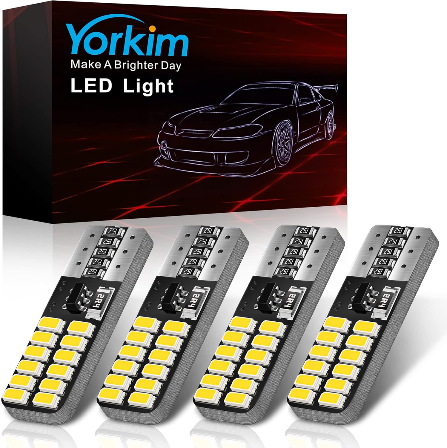 Yorkim 194 LED Bulb White 4 pack front view showing the premium aluminum body and 24-SMD chip layout.