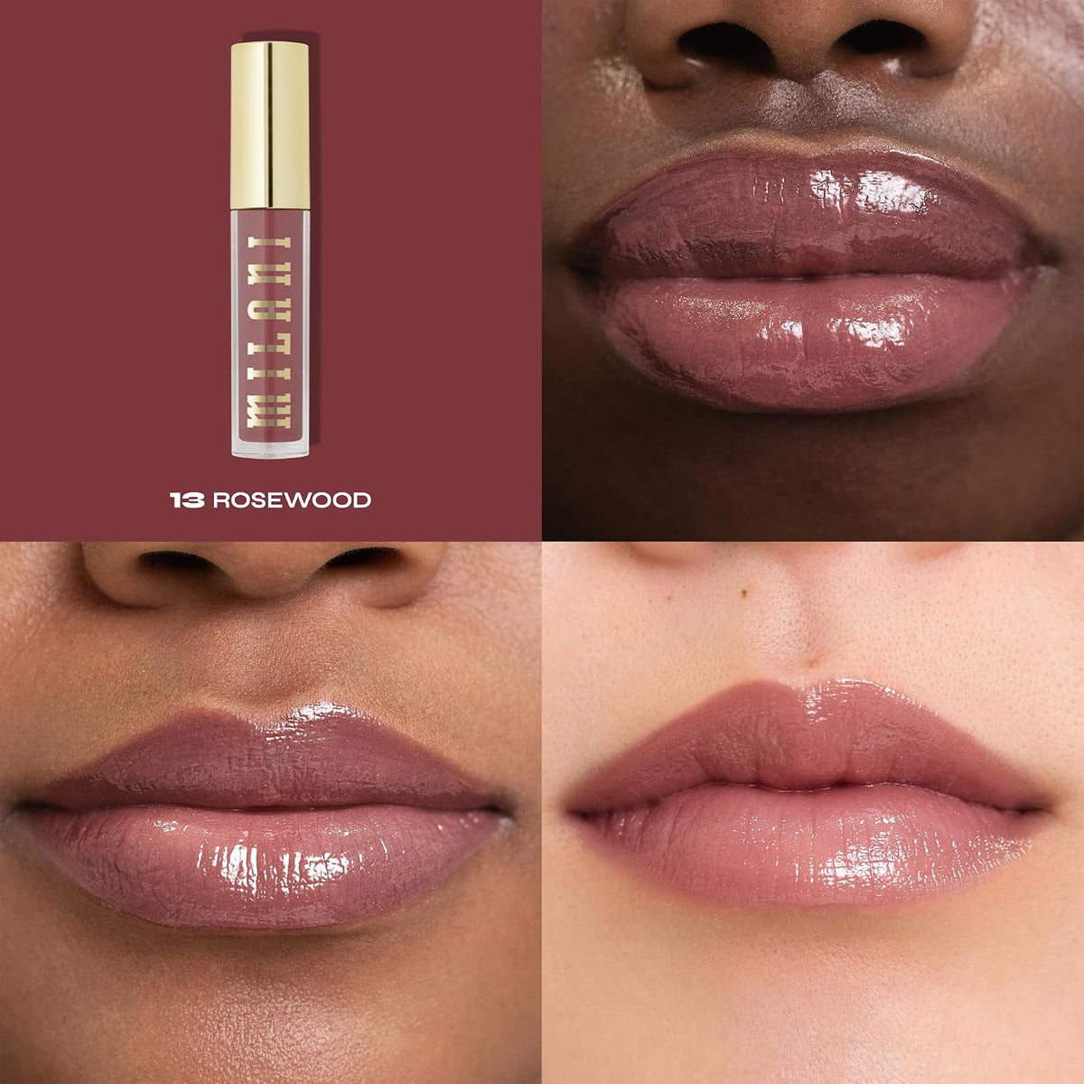Milani Rosewood lip gloss applicator close up showing the lip maximizing doe foot wand.