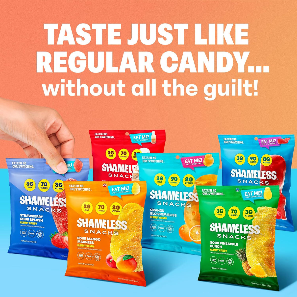 Shameless Snacks Strawberry Sour Splash low calorie candy pouch texture close up