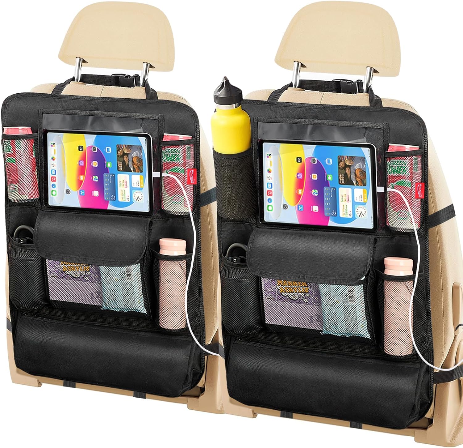 JUCAINHI car backseat organizer front view showing thirteen inch tablet holder and nine storage pockets.