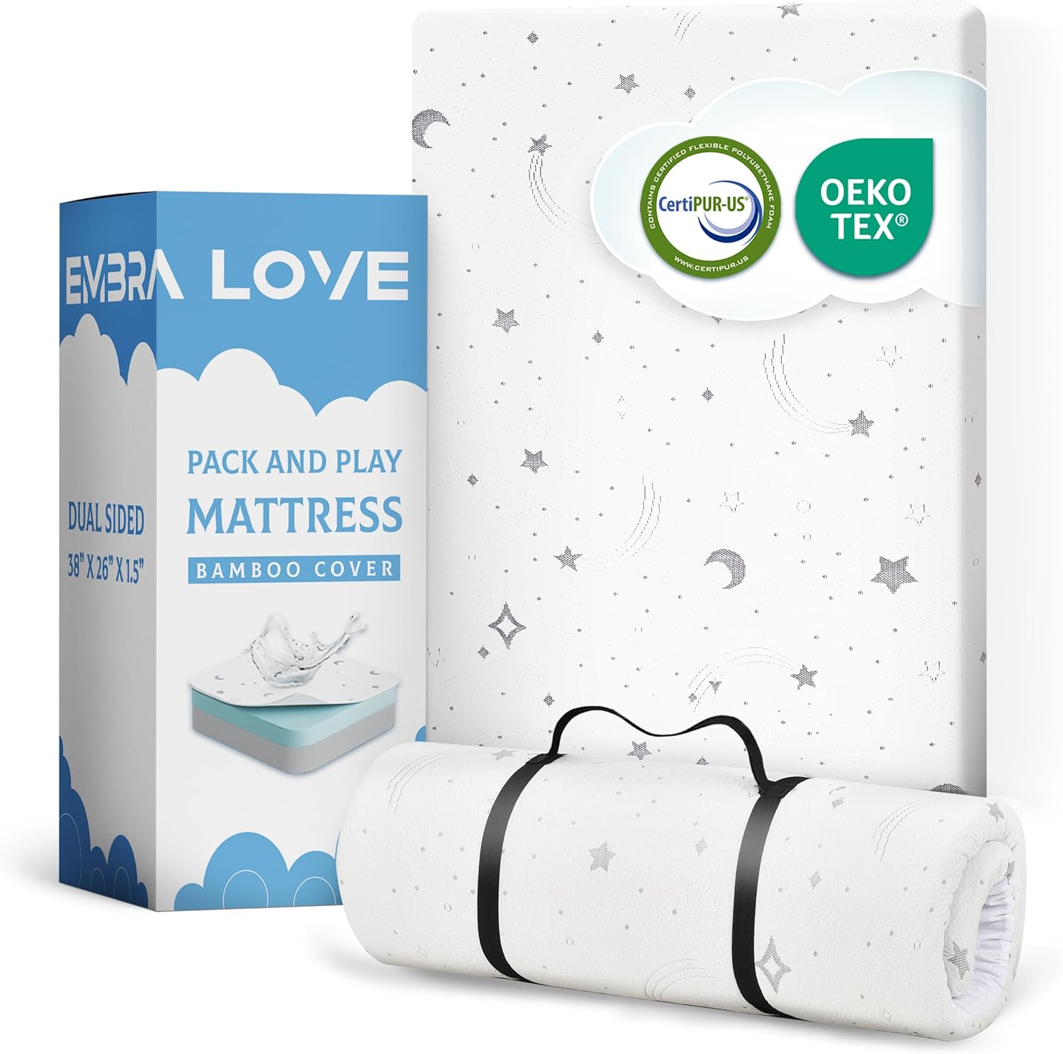 Embra Love pack and play mattress with bamboo cover front view