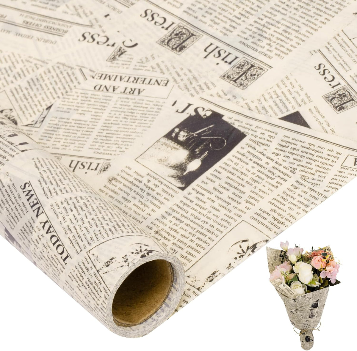 Larcenciel Vintage Newspaper Tissue Paper Roll front view showing retro beige design for gift wrapping.