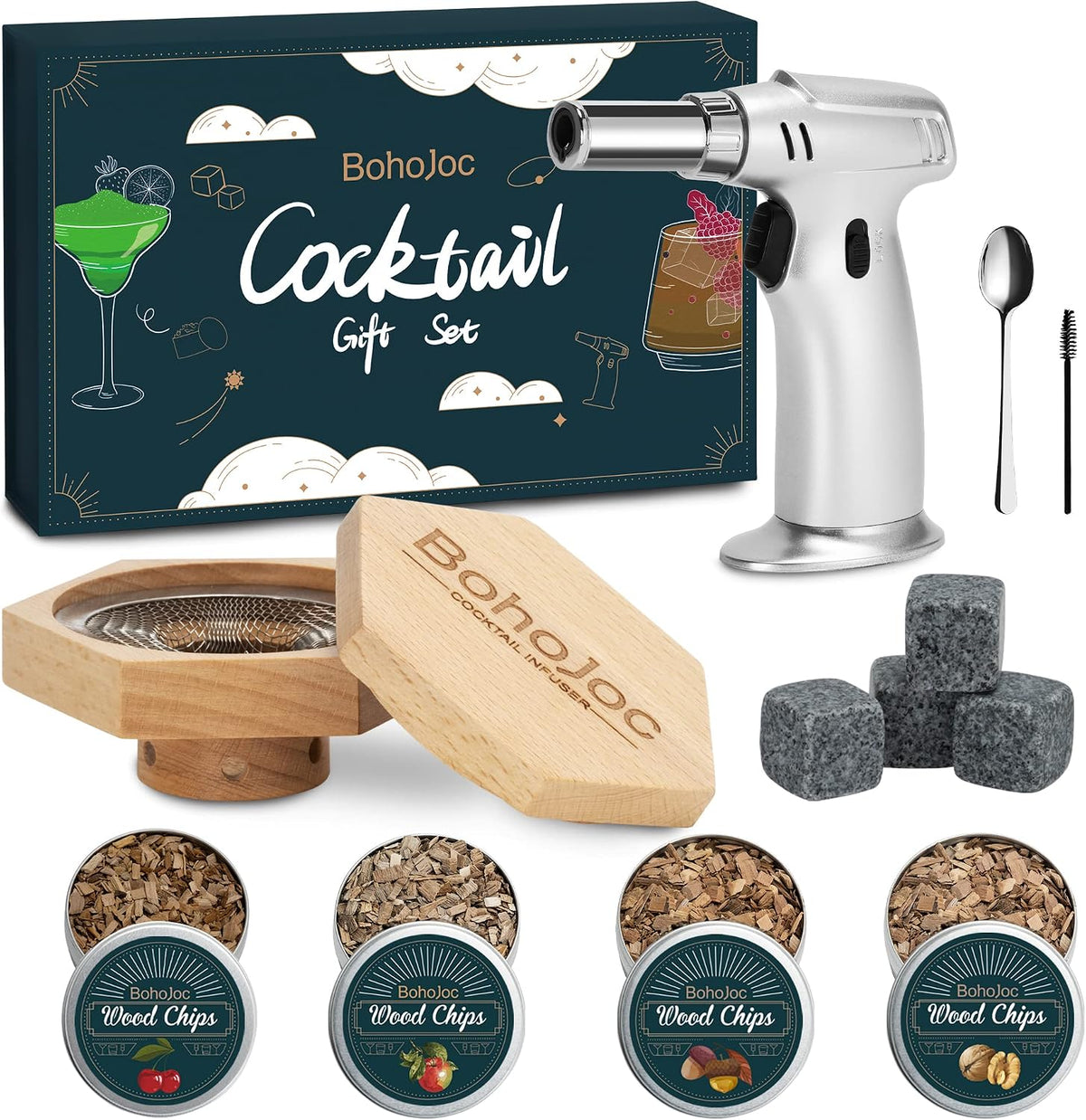 BohoJoc cocktail smoker kit front view with wood infuser and torch
