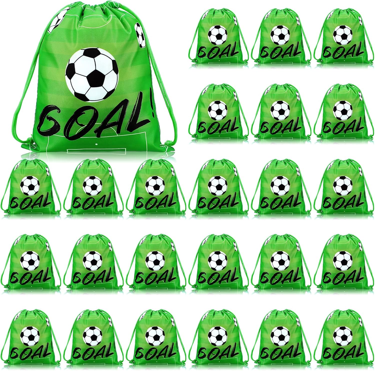 Sadnyy soccer drawstring bag front view showing vibrant green fabric and soccer ball print