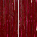 PartyWoo Red Streamers Fringe Curtain Backdrop front view featuring shimmering metallic burgundy tinsel foil panels for party decorations.