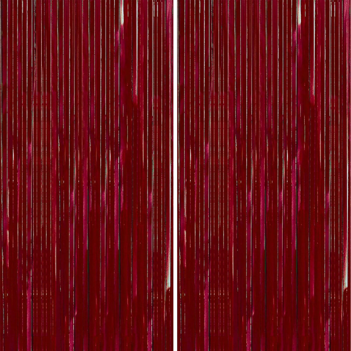 PartyWoo Red Streamers Fringe Curtain Backdrop front view featuring shimmering metallic burgundy tinsel foil panels for party decorations.