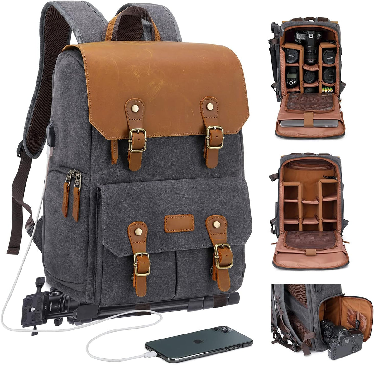 JAEP waxed canvas camera backpack front view showing dark grey water resistant material